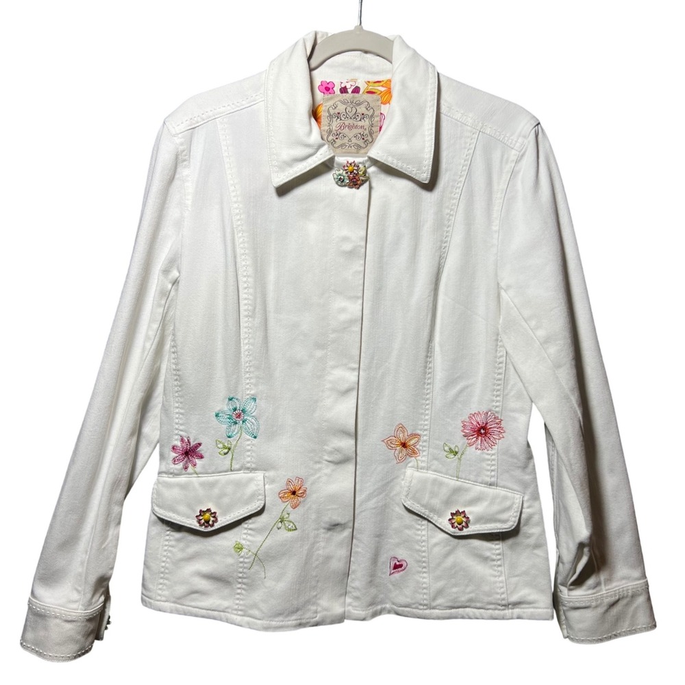 Brighton White‎ Embroidered Floral Denim Jacket Snap Follow Your Heart Charm